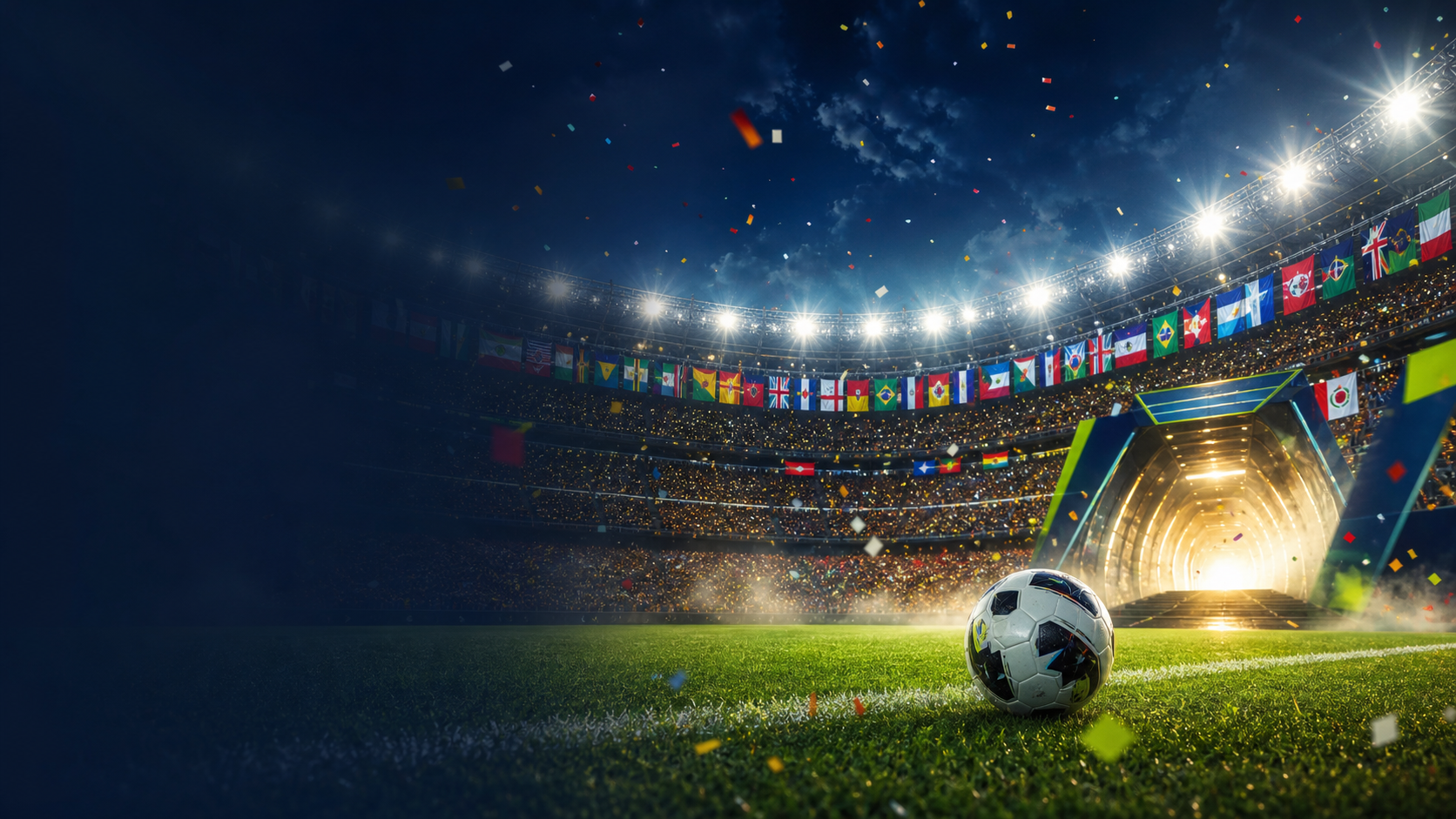 Estadio mundialista iluminado con balón en primer plano